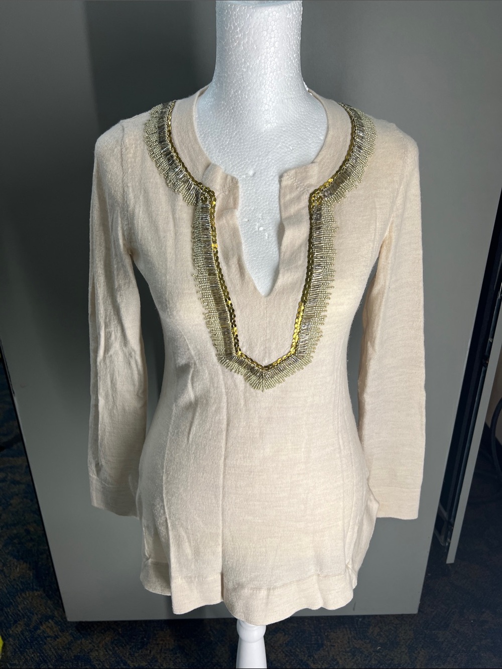 Tory Burch Cream Long-Sleeve Tunic with Gold Beaded Neckline